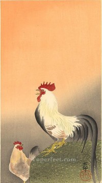 gallo y gallina al amanecer aves Ohara Koson Pinturas al óleo